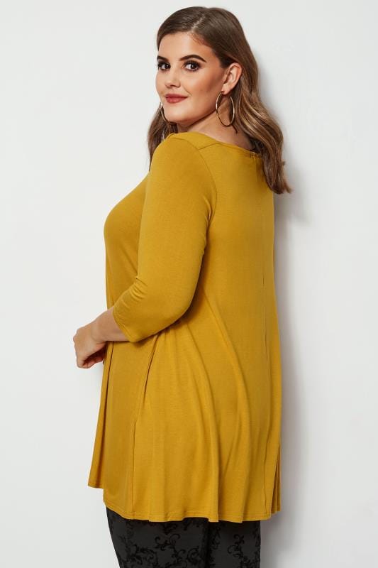 Mustard Longline Top With Envelope Neckline, Plus size 16 to 36