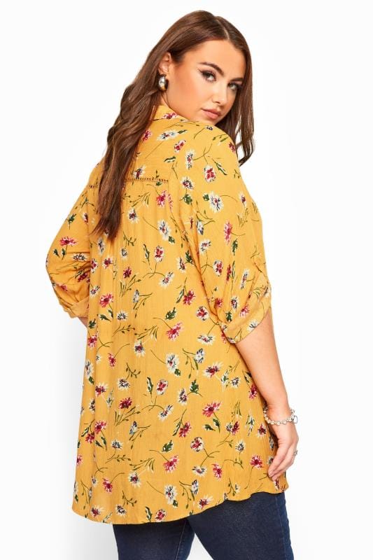 Mustard Yellow Floral Print Overhead Shirt Yours Clothing