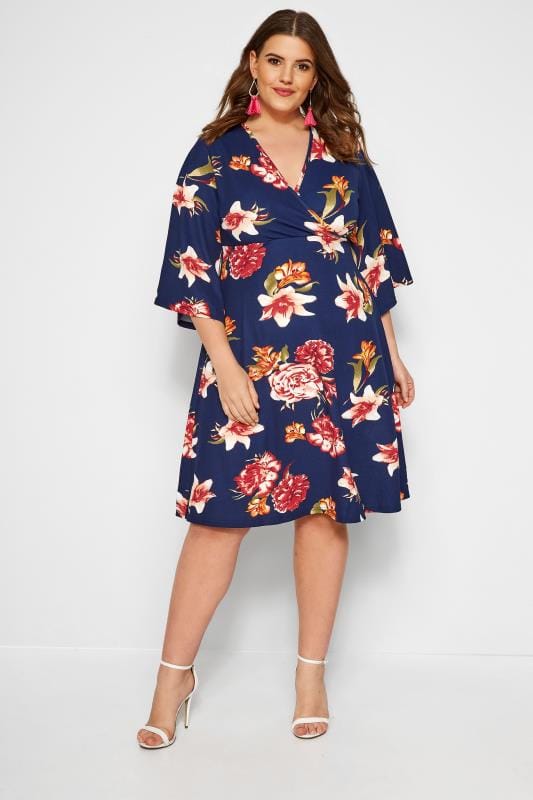 Navy Floral Wrap Dress | Sizes 16-36 | Yours Clothing