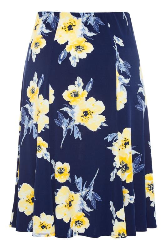 Navy & Yellow Floral Midi Skirt | Yours Clothing