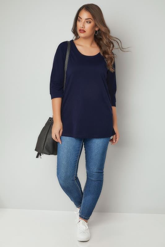 Navy Band Scoop Neckline T-Shirt With 3/4 Sleeves, Plus size 16 to 36 ...