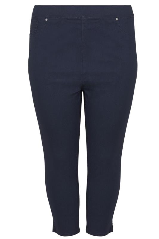 Curve Navy Blue Bengaline Cropped Pull On Trousers 4