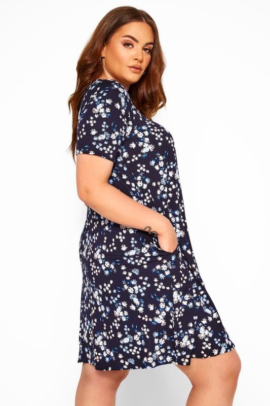 Navy & Blue Floral Pocket Swing Dress | Yours Clothing
