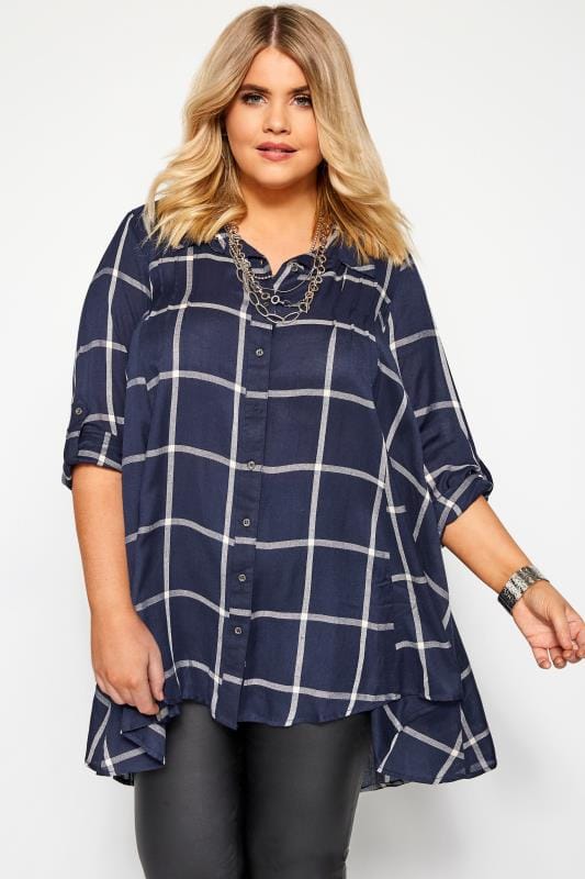 Navy Check Shirt With Extreme Dipped Hem | Yours Clothing