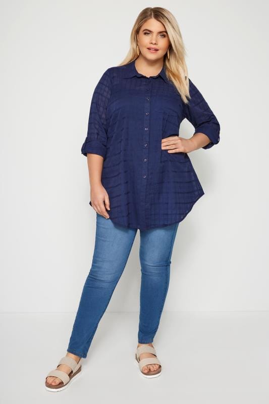 Plus Size Navy Dobby Check Tie Front Shirt | Sizes 16 to 36 | Yours ...