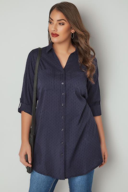 Navy Dobby Textured Shirt With Tie Fastening, plus size 16 to 36