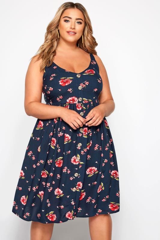 Navy Floral Button Through Dress | Sizes 16-36 | Yours Clothing | Yours ...