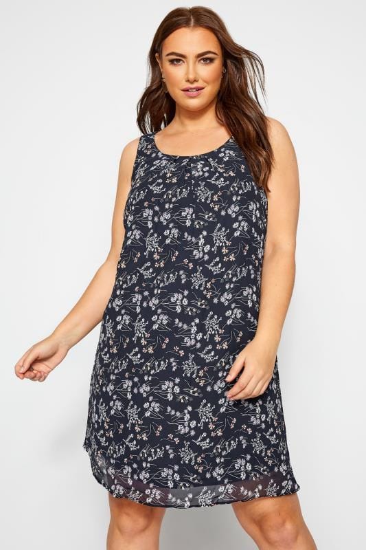 Navy Floral Chiffon Shift Dress | Yours Clothing