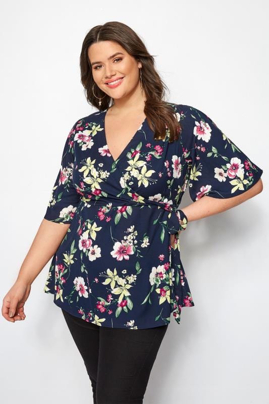 Navy Floral Chiffon Wrap Top | Plus Size 16 to 36 | Yours Clothing