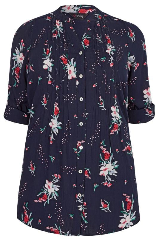 Navy Floral Pintuck Blouse | Plus Sizes 16 to 36 | Yours Clothing
