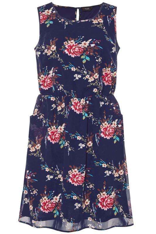 Navy Floral Pocket Chiffon Skater Dress | Yours Clothing