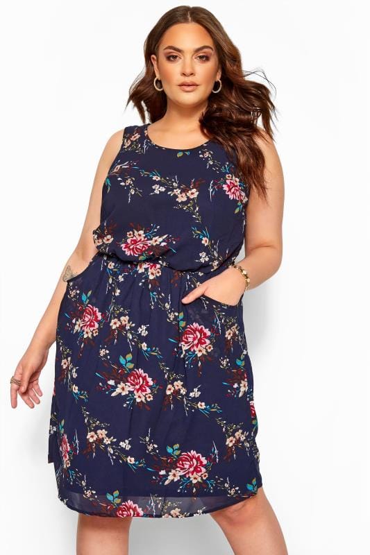 Navy Floral Pocket Chiffon Skater Dress | Yours Clothing