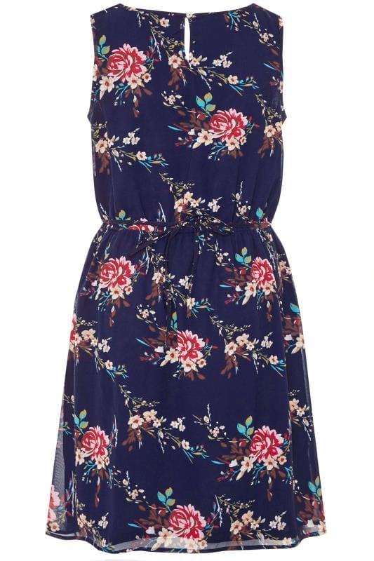 Navy Floral Pocket Chiffon Skater Dress | Yours Clothing