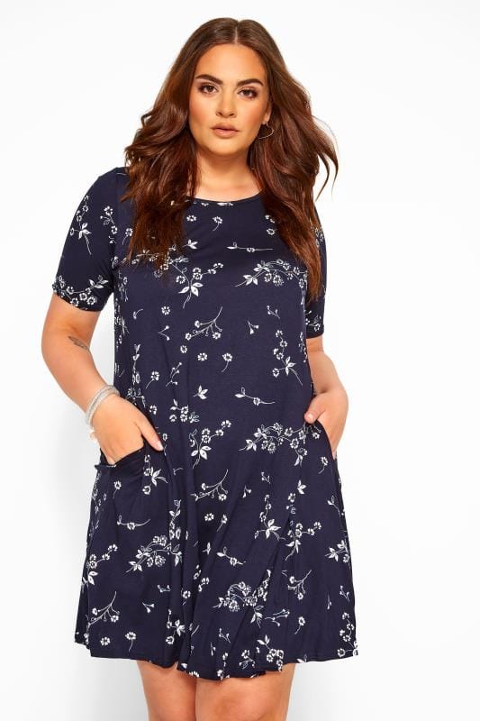 Navy Floral Pocket Swing Dress | Yours Clothing