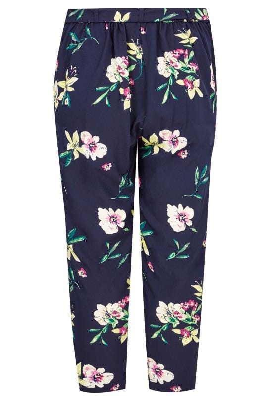 Plus Size Navy Floral Tapered Trousers | Size 16 to 36 | Yours Clothing