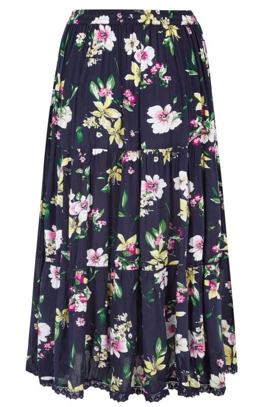 Navy Floral Tiered Maxi Skirt | Plus Size 16 to 36 | Yours Clothing