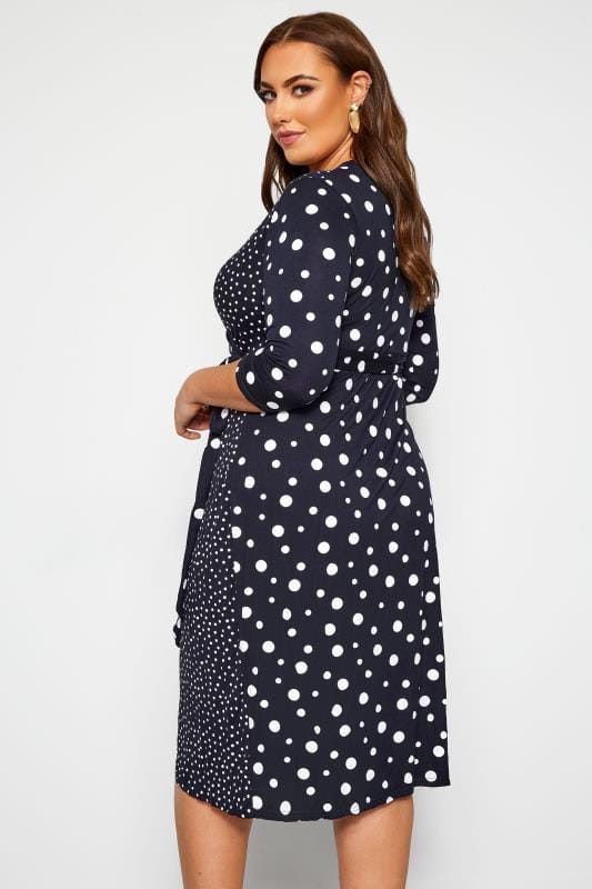 Navy Mixed Polka Dot Wrap Dress | Yours Clothing