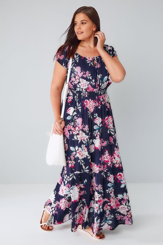 Navy And Multi Floral Print Sequin Gypsy Maxi Dress Plus Size 16 To 36 