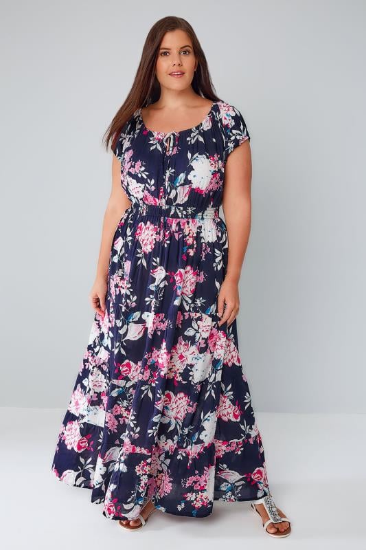 Navy & Multi Floral Print Sequin Gypsy Maxi Dress, Plus size 16 to 36