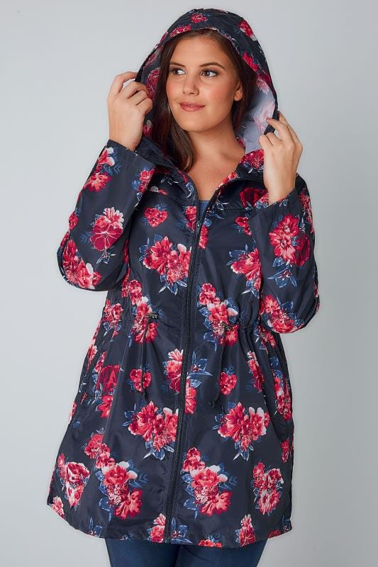 Navy & Multi Floral Print Shower Resistant Parka Jacket With Hood, Plus size 16 to 36 2