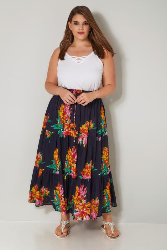 Navy & Multi Floral Print Tiered Maxi Skirt, plus size 16 to 36 | Yours ...