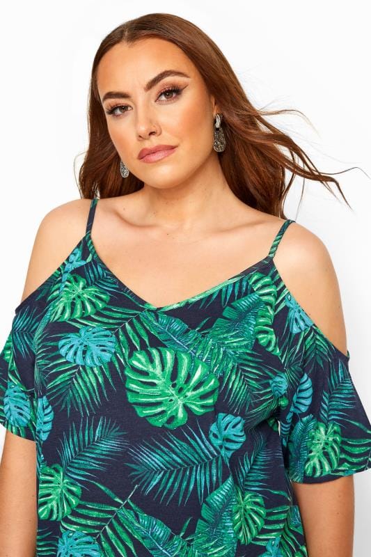 Navy Palm Leaf Cold Shoulder Top | Plus Sizes 16 to 36 | Yours Clothing