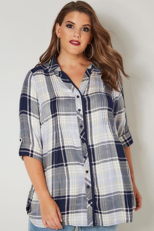 Navy & Pink Checked Pintuck Longline Shirt, plus size 16 to 36 | Yours ...