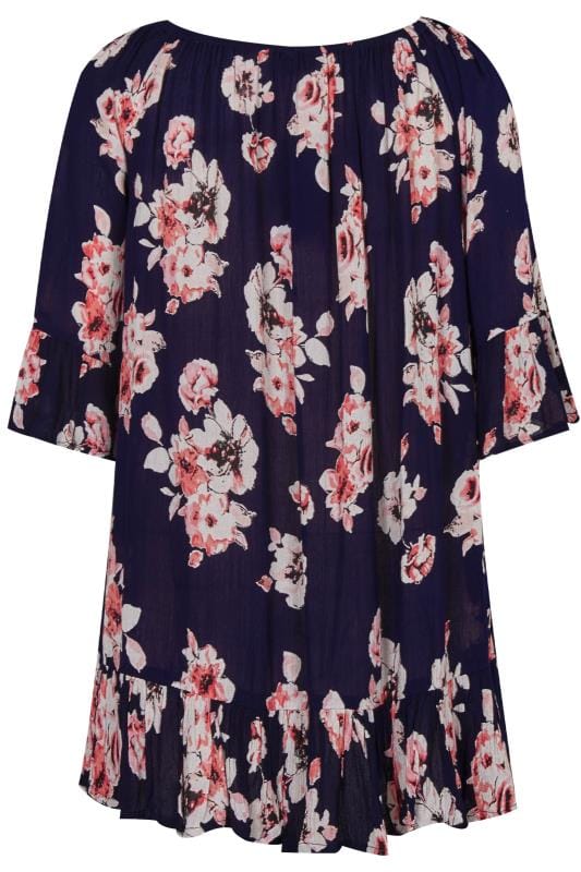 Navy & Pink Floral Print Gypsy Top With Bell Sleeves, plus size 16 to 36