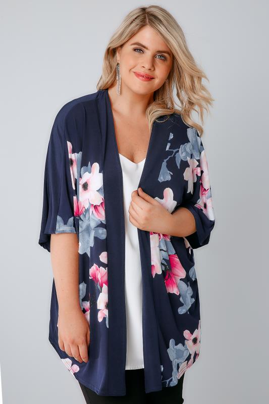 Navy, Pink & Multi Floral Print Kimono, Plus size 16 to 36 | Yours Clothing