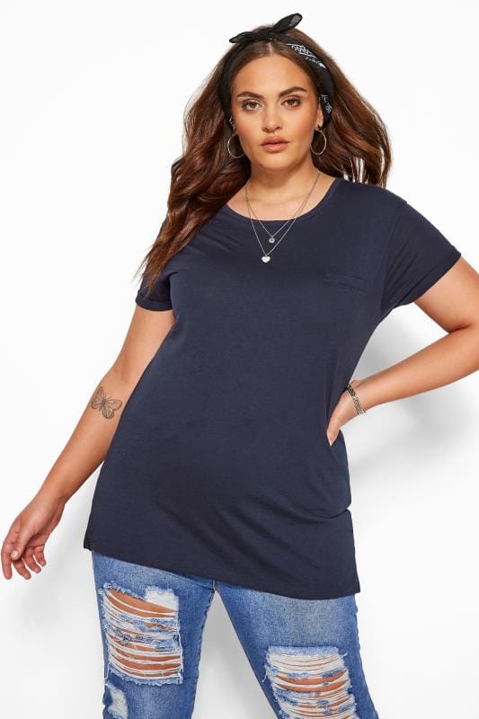 Plus Size T-Shirts YOURS FOR GOOD Curve Navy Blue Pocket T-Shirt