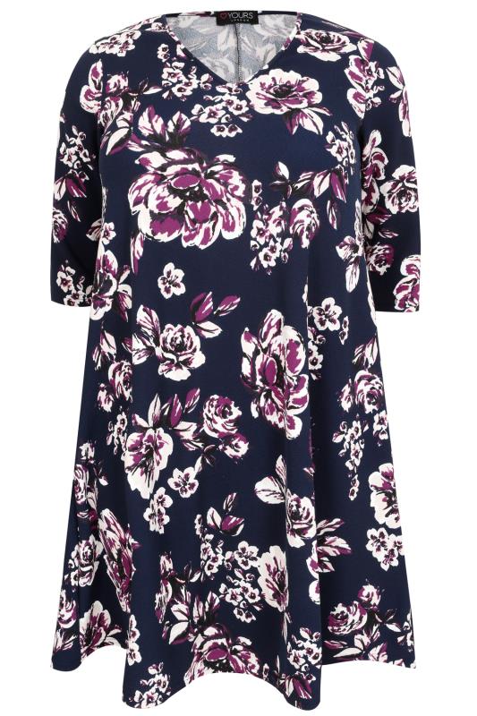 Navy, Purple & Multi Old Rose Printed Swing Dress With 3/4 Length Sleeves, Size 16 to 28 3