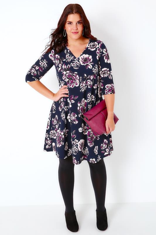 Navy, Purple & Multi Old Rose Printed Swing Dress With 3/4 Length Sleeves, Size 16 to 28 2