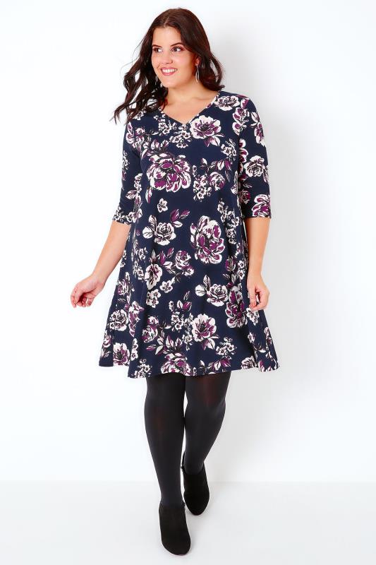 Navy, Purple & Multi Old Rose Printed Swing Dress With 3/4 Length Sleeves, Size 16 to 28 1