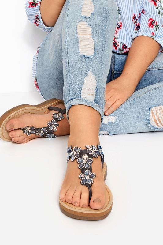 Wide Fit Sandals Yours Navy Shimmer Diamante Flower Sandals In Wide E Fit & Extra Wide EEE Fit