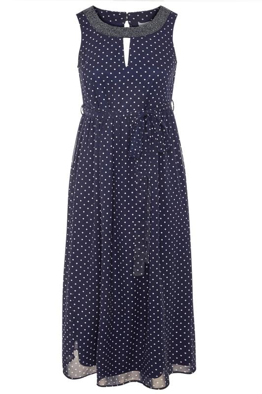 YOURS LONDON Navy Polka Dot Embellished Maxi Dress | Yours Clothing