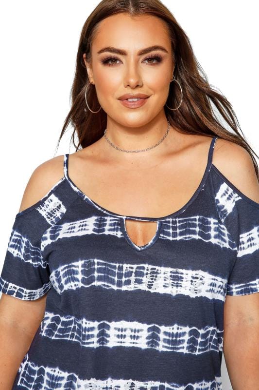 Navy Tie Dye Strappy Cold Shoulder Top | Yours Clothing