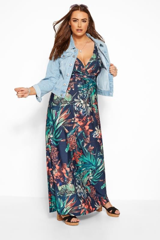Navy Tropical Print Maxi Dress | Sizes 16-36 | Yours Clothing