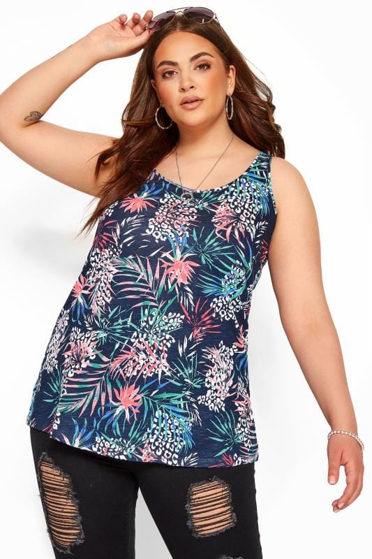 Plus Size Jersey Tops Navy Tropical Print Swing Vest Top