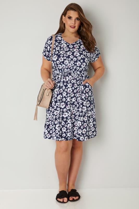 Navy & White Floral Print T-Shirt Dress With Pockets & Elasticated ...