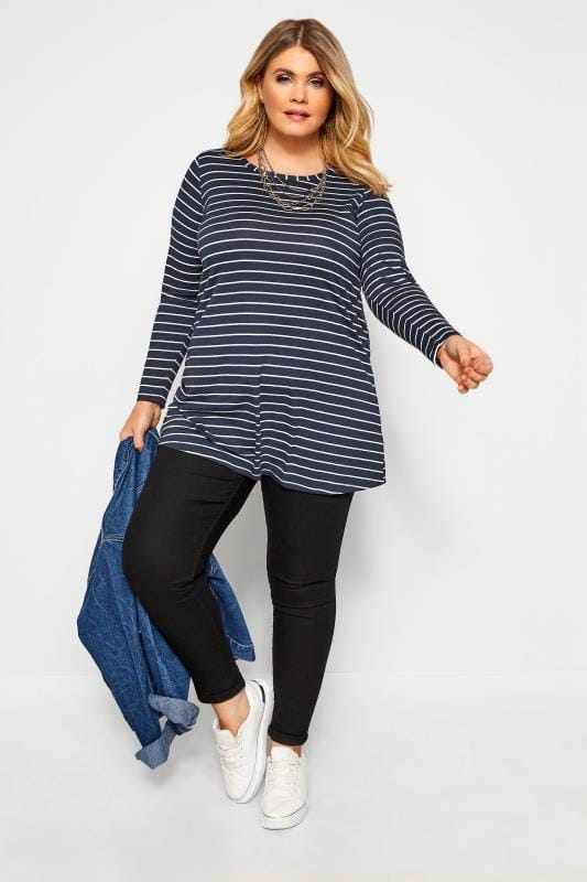 Navy & White Striped Jersey Top | Yours Clothing