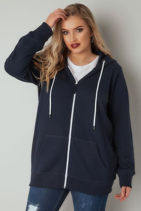 Navy & White Zip Through Hoodie, plus size 16 to 36 | Yours Clothing