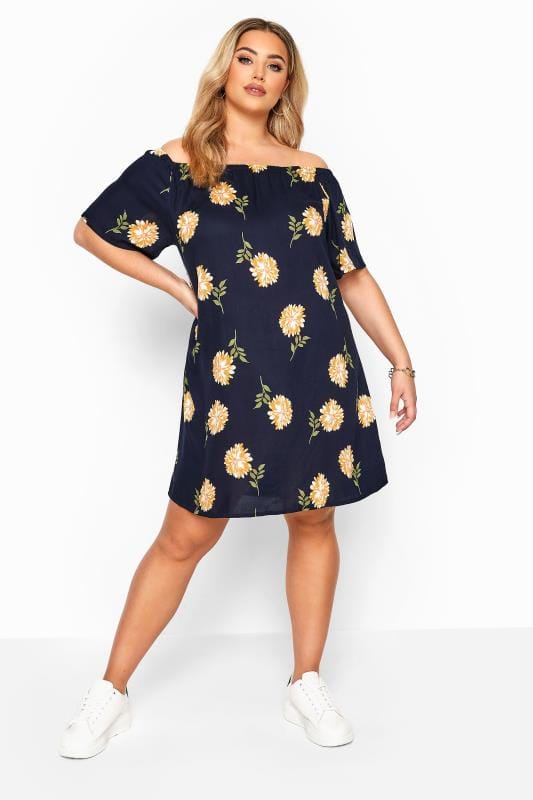 Navy & Yellow Floral Bardot Dress | Yours Clothing