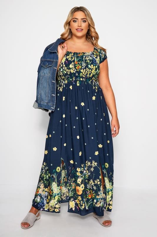 Navy & Yellow Floral Print Maxi Dress | Sizes 16-36 | Yours Clothing