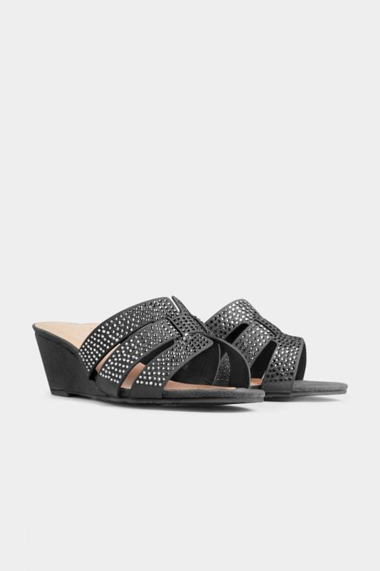 Beauty dla puszystych Black Diamante Wedge Mules In Extra Wide Fit