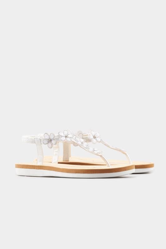 Wide Fit Sandals White PU Diamante Flower Sandals In Extra Wide Fit
