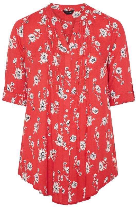 Red Floral Button Through Pintuck Shirt | Yours Clothing
