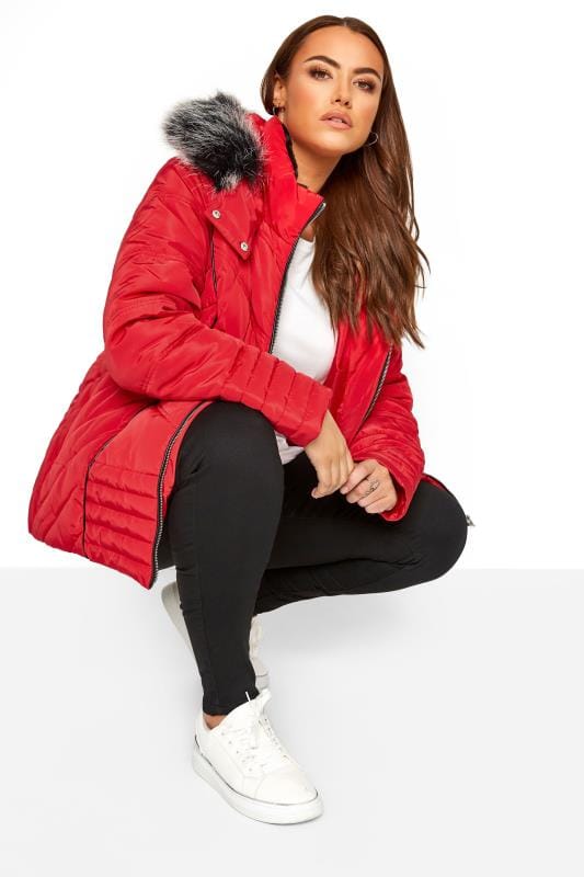 Puffer & Quilted Jackets Red PU Trim Panelled Puffer Coat