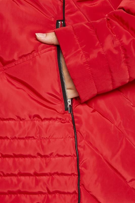 Red PU Trim Panelled Puffer Coat | Yours Clothing