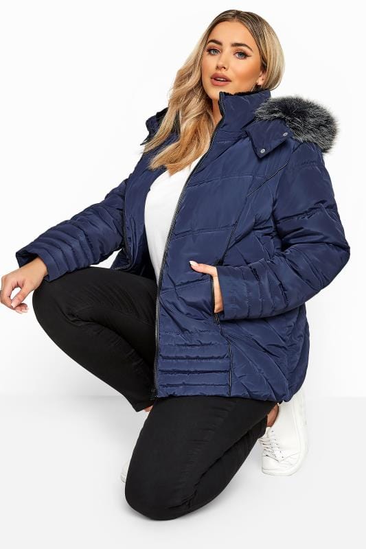 Navy PU Trim Panelled Puffer Jacket | Yours Clothing