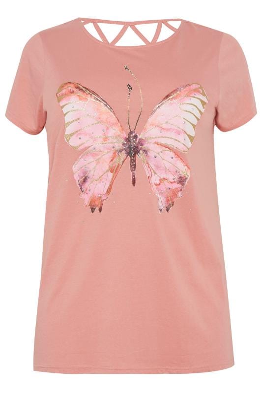 Plus Size Pink Butterfly Sparkle T-Shirt With Lattice Back | Sizes 16 ...
